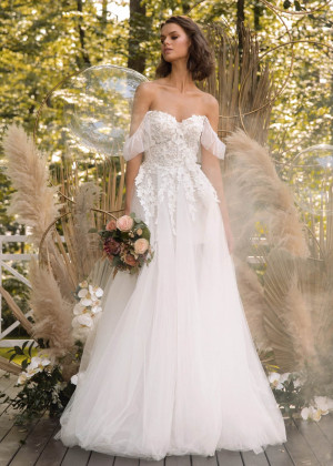 Off Shoulder Beaded Ivory Lace Tulle Floral Wedding Dress